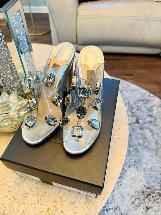 Jimmy Choo Shoes - Jimmy Choo Crystal Embellished PVC Mule Heels Sandals Silver